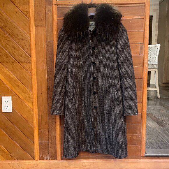 Vintage Burberry London brown /tweed wool coat/detachable fur collar, size 4 - Picture 1 of 14